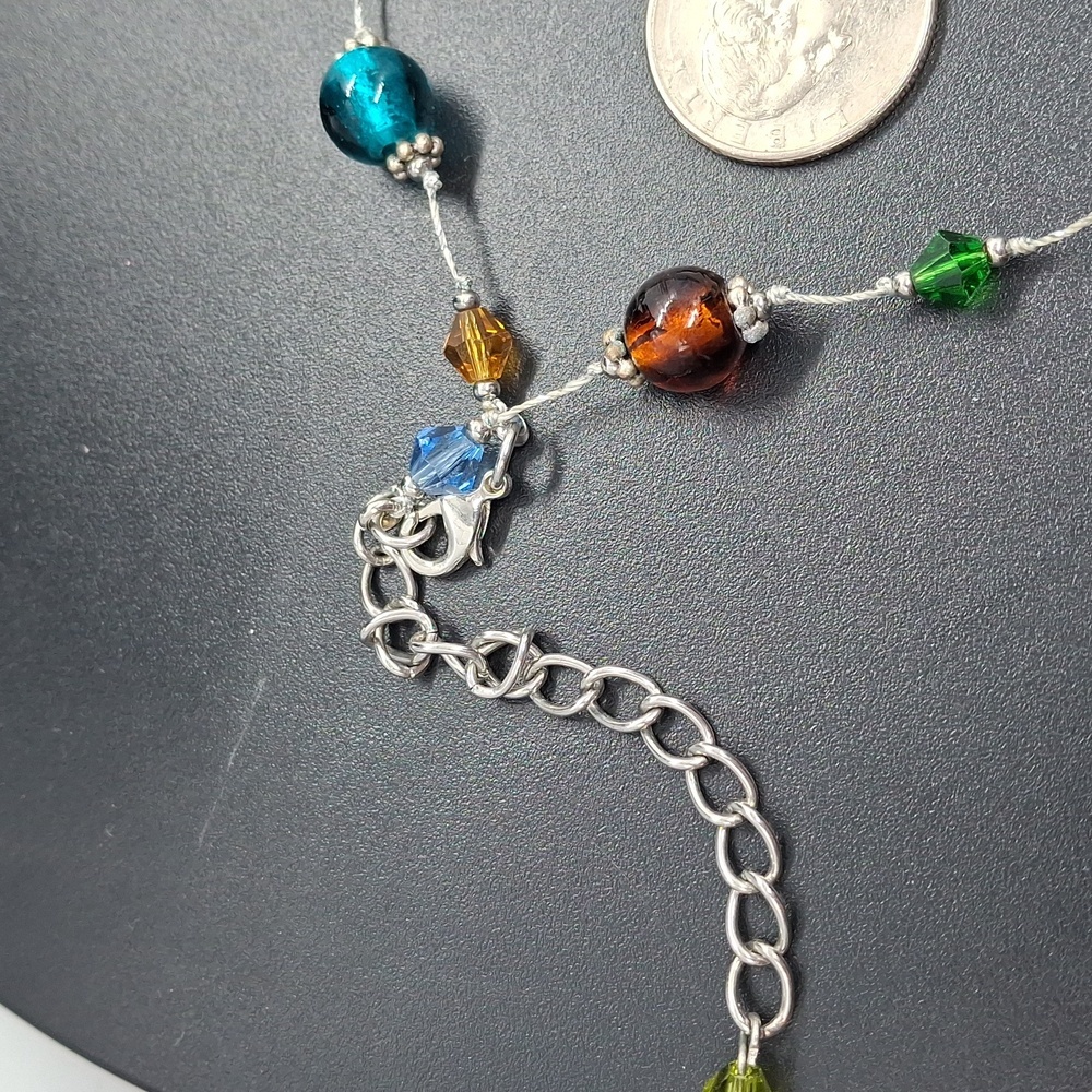 Glass Multicolor Beaded Silvertone Necklace 16"+2" - Picture 5 of 6